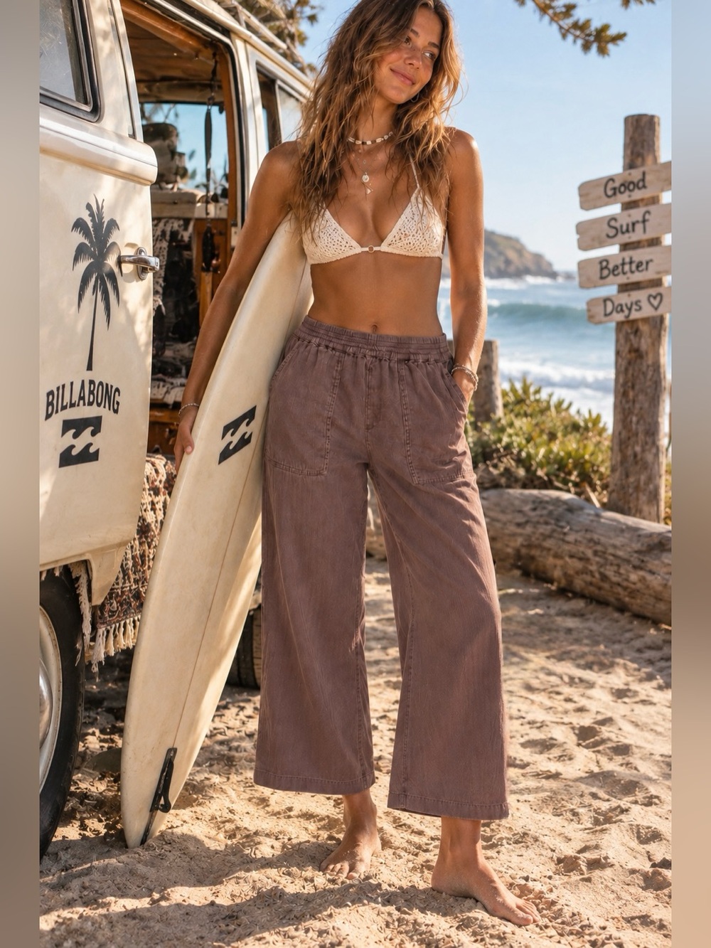 Billabong Wide Leg Pull On Pants Size Small Brown Cotton